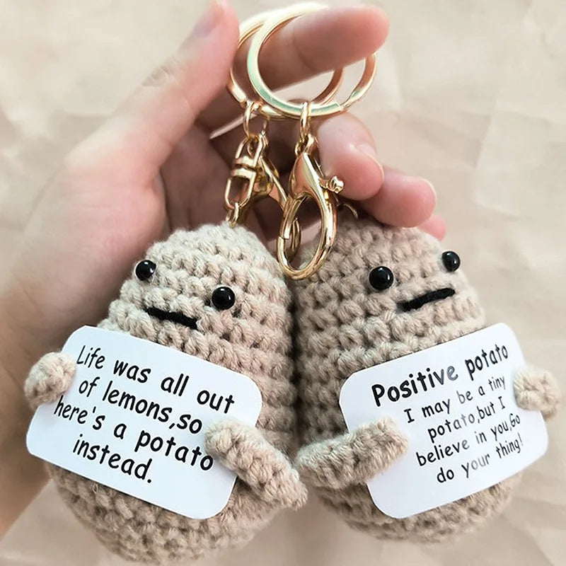 Positive Energy Potato Keychain Cute Emotional Cucumber Handmade Wool Crochet Pendant Doll with Card Funny Key Chain Home Decor