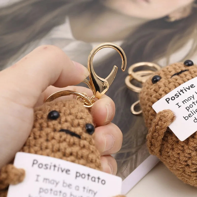 Positive Energy Potato Keychain Cute Emotional Cucumber Handmade Wool Crochet Pendant Doll with Card Funny Key Chain Home Decor