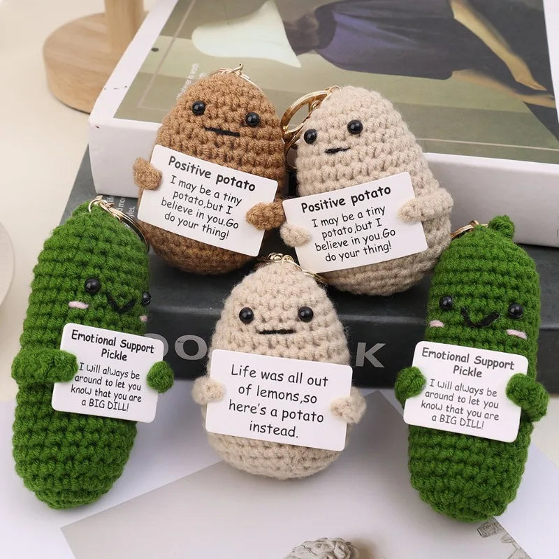 Positive Energy Potato Keychain Cute Emotional Cucumber Handmade Wool Crochet Pendant Doll with Card Funny Key Chain Home Decor