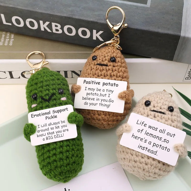 Positive Energy Potato Keychain Cute Emotional Cucumber Handmade Wool Crochet Pendant Doll with Card Funny Key Chain Home Decor